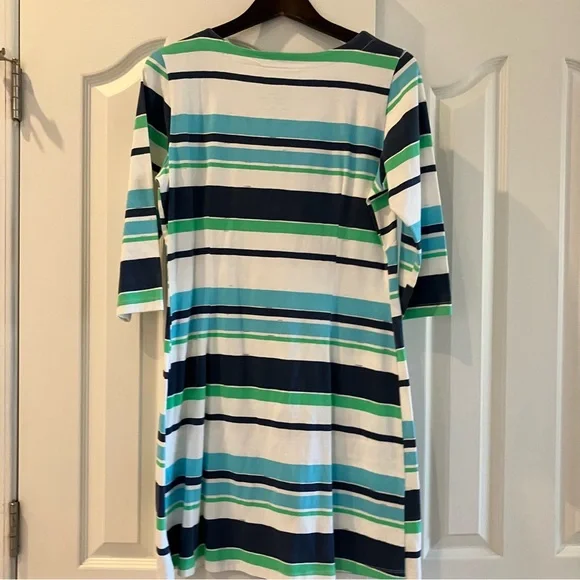 MAHI GOLD Womens Large Blue Green White Striped 3/4 Sleeve Stretch Cotton Dress - Picture 4 of 10